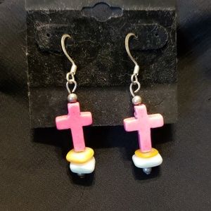 Pink stone crosses with colored chips earrings